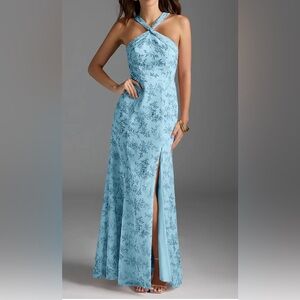 Azazie Rue Blue Fern Floral A-Line Halter Chiffon Dress